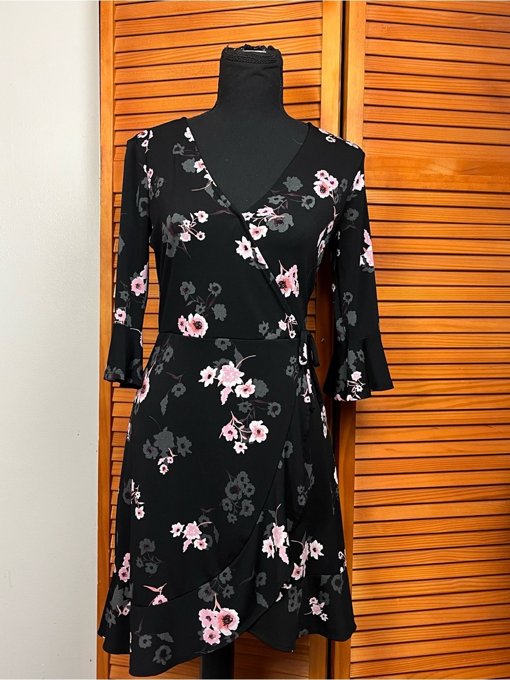 Black Floral Wrap Midi Dress with Pink Blossoms